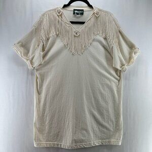 Coconut "T" Fringe T-Shirt Women OS Cuffed Beaded Short Sleeve V-neckCream